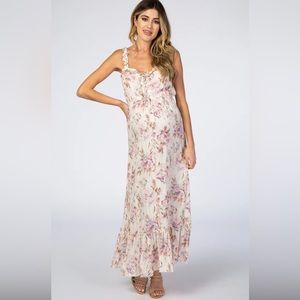 Pinkblush Cream Floral Shimmer Lace-Up Maternity Maxi Dress